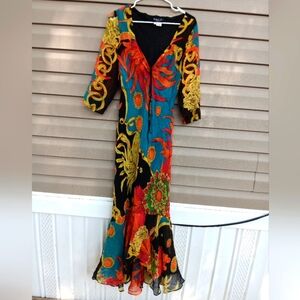 Vintage 90s Gala Collection Size L Vibrant Multicolor Maxi Dress 100%silk